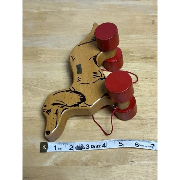 Vintage Steiff Wooden Dog Dachshund on Red Wheels with ID And Pull String